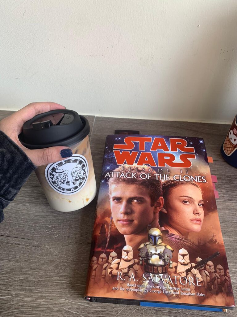 Study cafe space: drinking my latte while reading a Star Wars book in the ambient cafe.